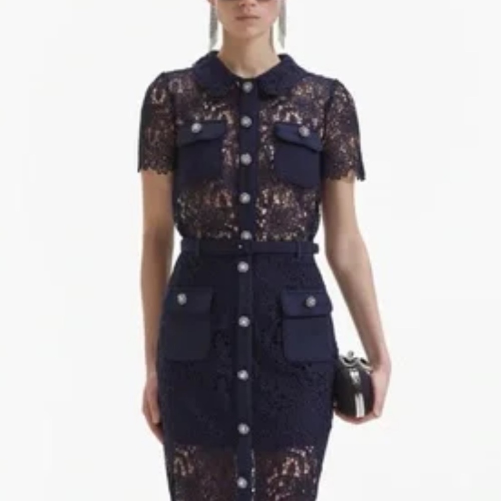 Self-Portrait Navy Guipure Midnight Blue Lace Blouse US 0
